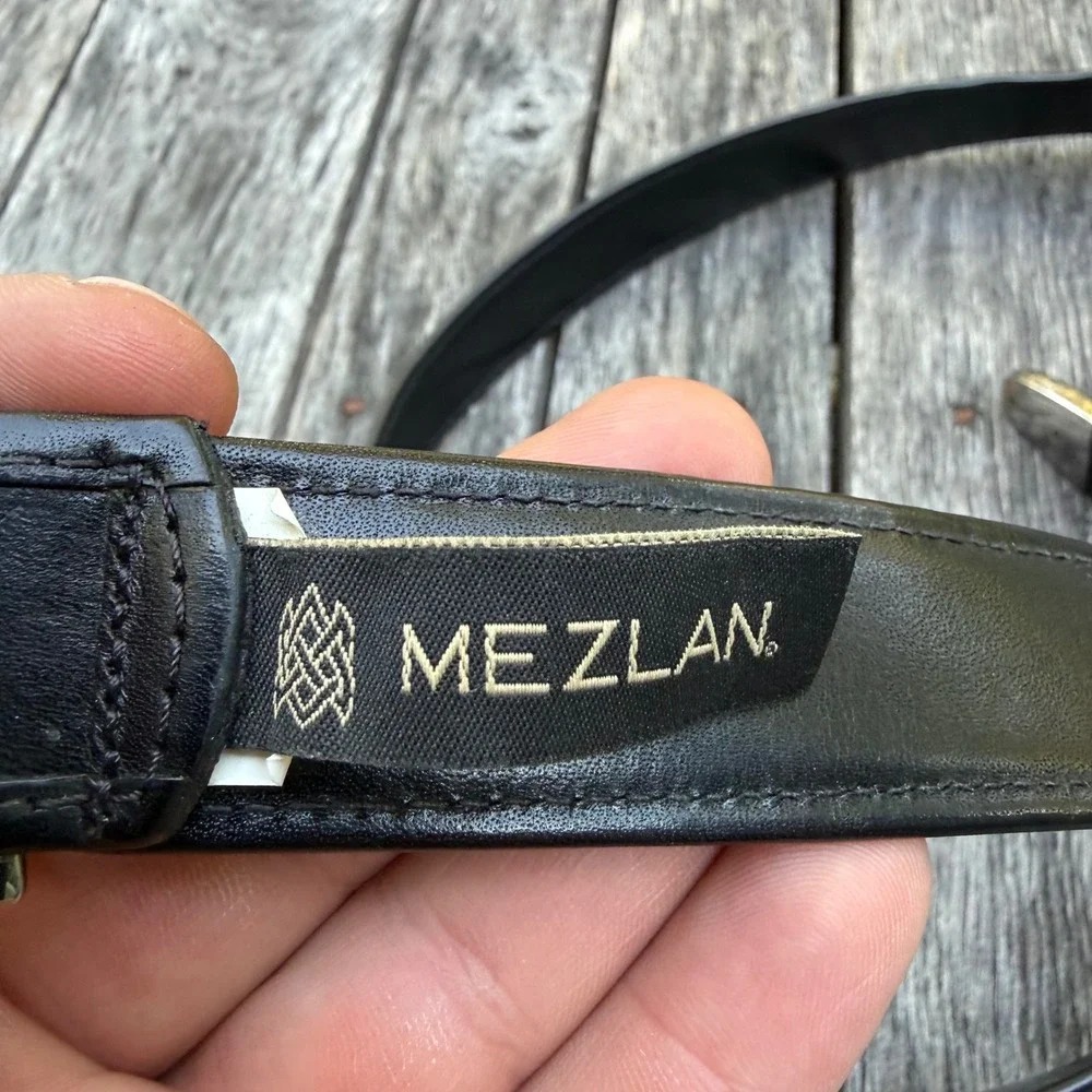 Mezlan Mens Black Eel Skin Leather Belt Size 38 Silver Buckle Made in Spain 3109